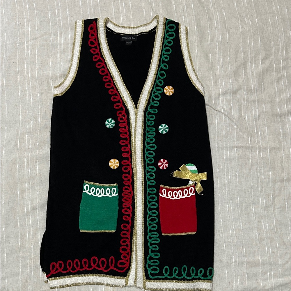 Festive Black Vest with Red and Green Accents
